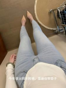 Korean Style High Waist Stretchy Slimming Denim Jeans with Hip Pad Nine Point Pencil Jeans for Women Summer Wear Blue Cotton