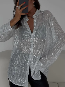 2025 Trendy Plus Size Sequin Sparkle Shirt - Vintage Collared Loose Fit Long Sleeve for Spring