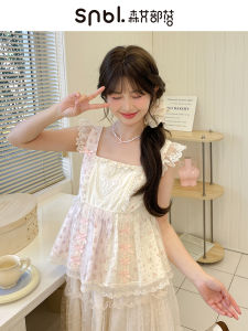 เสื้อกั๊กแขนกุดลายดอกไม้สีชมพูสไตล์หวานสำหรับผู้หญิง ทรงหลวม สไตล์ฤดูร้อน แขนกุด คอเหลี่ยม แขนยาว ความยาวปกติ