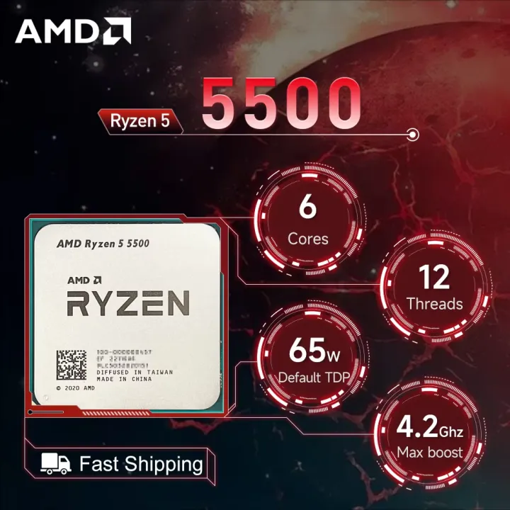 AMD | AMD Processor R5 5500 CPU Ryzen 5 5500 Six-Core Twelve-Thread 4.2 GHz 65W TDP L3=16M Socket AM4 but without cooler