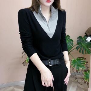 Fashionable Double-Sided Fleece Long Sleeve T-Shirt Stand Collar Slimming Versatile Womens Top New Arrival Autumn Winter