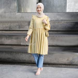 Bayleaf.id Fabyla Plaid Tunik Lengan Panjang / Atasan Tunik Wanita Motif Kotak
