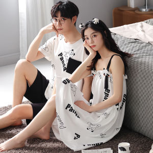 MiiOW | Couples Pure Cotton Summer Sleepwear Womens Cute Strap Nightgown Mens Short Sleeve Shorts Set Home Clothes MiiOW Brand