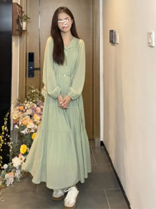French Gentle Green Long Sleeve Dress Womens Summer New High-End Beautiful Atmosphere Long Dress Cotton Polyester A-Line Skirt