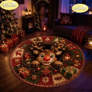 VIKAMA Christmas Round Rug Reindeer Tree Gifts Lantern Snow Area Rug Living Room Holiday Home Decor Aesthetic Art Large Premium