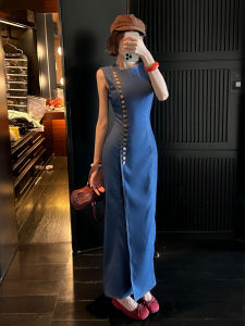 Elegant Blue Dress Korean Style High Waist A-Line Skirt Commute Friendly No Repeat Design Light Maturity Autumn Essential