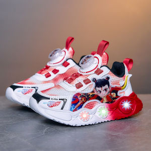 Elastic Band Running Shoes for Boys Flashing Light Soft Bottom Mesh Surface Childrens Sports Shoes Low Cut Anti-Slip Sole