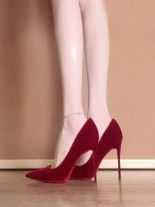 Red Velvet Lambskin High Heels Pointed Toe Ultra High 12cm Single Shoes Fashionable Vintage Style Slip-On Anti-Slip Rubber Sole