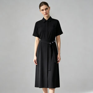 AMII | Summer New Commuting Style Notched Collar Long Sleeve Mother-of-Pearl Buttoned Waistband Loose Dress