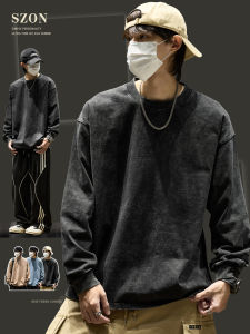 เสื้อยืดคอกลมแขนยาวผ้าฝ้ายแท้สำหรับผู้ชาย ทรงหลวม สไตล์วินเทจ สวมใส่สบาย เสื้อเชิ้ตฐานสีพื้น