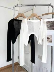 สไตล์ฝรั่งเศสถักผ้าพันคอผ้าไหมน้ําแข็งผู้หญิงบางฤดูร้อนแคชเมียร์เสื้อสเวตเตอร์ถักพร้อมสายคล้องบทเรียนชุดOuterwear