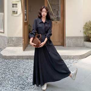 Deep Blue Korean Style Chic Womens Shirt Skirt Set Slimming Effect Autumn Fashion Casual Long Sleeve Button up mid High Waist