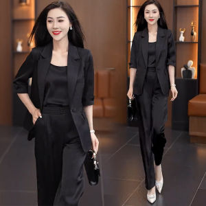Summer New Style Womens Casual Suit Set Fashionable Slimming Wide Leg Pants Three Piece Suit with Strap Five Sleeve Length