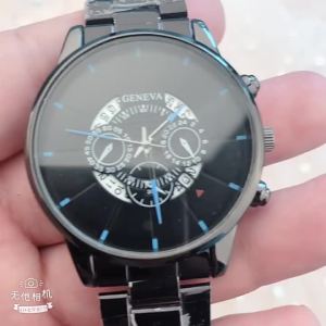 2PCs Fashion Business Mens Calendar Round Black Steel Band Watch Woven PU Leather Bracelet Set