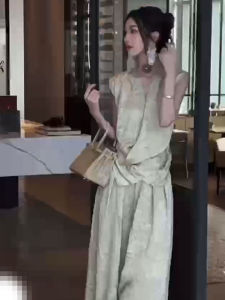 New Chinese Style Set Womens Sleeveless Casual Lazy Fashion Top Wide Leg Pants Summer 2024 Collection Elegant Outfit