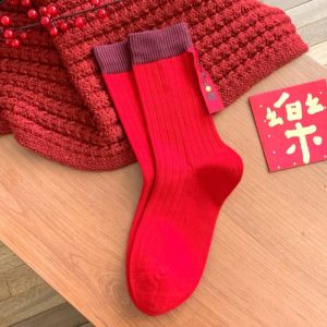 Red Cotton Socks for Women Wedding Couple Mid-Calf Personality New Year Long Socks Pure Cotton Combed Material All Seasons