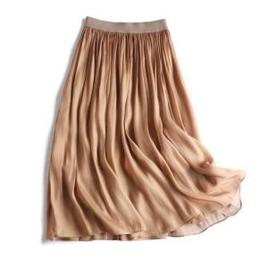 Silk Half Skirt Fashionable Metal Luster Chiffon over Knee A-Line Skirt Standard Fit Commute Style Pure Color Ladies Skirt