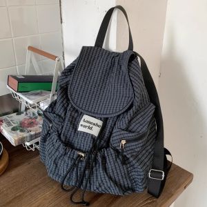 Korean Japanese Style Casual Lightweight Backpack with Multiple Pockets Retro Plaid Drawstring Large Capacity Shoulder Bag