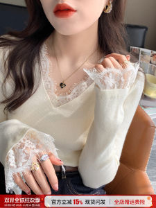 White V-Neck Lace Base Shirt Womens Inner Wear 2025 Autumn New French Knitted Design Sensation Small Knitted Top
