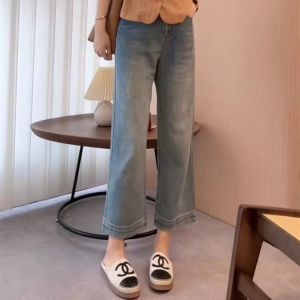 Quần Jeans Ống Rộng Ôm Dáng Mỏng Mùa Hè Cho Nữ Quần Ống Thẳng Cạp Cao Denim Xanh Cotton Co Giãn Quần Thường Ngày