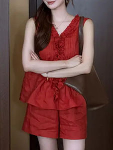 Shalldoer | ชุดสองชิ้นแขนกุดเอวสูงสำหรับผู้หญิงในฤดูร้อน ชุดทำงานสีพื้นหรูหรา ชุดทำงานสไตล์เกาหลี ชุดทำงานลำลอง