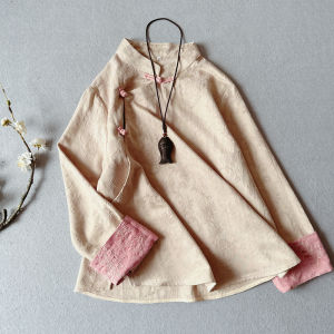 New Chinese Style Womens Long Sleeve Shirt with Embroidered Old Cloth Pattern And Button Stand Collar Tea Ceremony Clothing