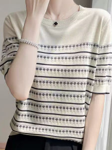 Summer 2025 New Loose Knitted Half Sleeve round Neck Thin T-Shirt Stripe Color Block Slimming Top Commute Style Casual Wear