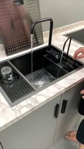 อ่างล้างจาน สแตนเลส304 ซิงค์ล้างจาน อ่างล้างจาน สแตนเลสเคลือบนาโนสีดำ พร้อมฝาปิดและที่ล้างแก้ว