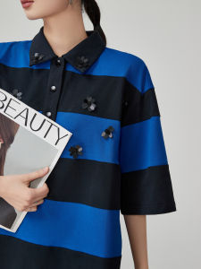 Klein Blue Bead Floral Stripe Short Sleeve Polo Neck Unique Loose Womens T-shirt Korean Style Color Block Creative Design