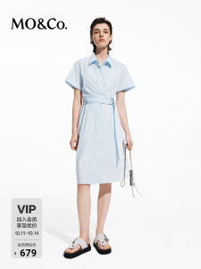 MO＆Co. Silk Shirt Dress Slim Fit Mini Skirt with Waist Belt Short Sleeve Pure Color Summer Fashion Street Style Womens Dress