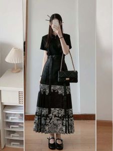 plus Size Womens New Chinese Style Semi-Long Skirt Two-Piece Set Summer Improved Hanfu Horse Tail Skirt Blouse Ensemble