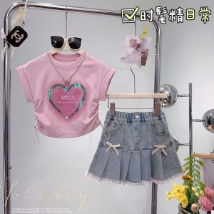 Girls 2024 Short-Sleeved Skirt Summer Heart Sequin Tight Waist T-shirt Denim Pleated Skirt Summer Suit Tide