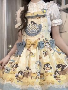 Lolita Sweet Bé Gái Cute Doll Collar Patchwork Lace Shirt Print Bear Bowknot Puffy Skirt Two-piece Set Short Sleeve Zipper A-line Dress