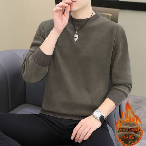 เสื้อสเวตเตอร์คอตั้งแขนยาวบุขนแกะสองด้านสำหรับผู้ชายในฤดูหนาว เสื้อเชิ้ตพื้นฐานแบบหนาและอบอุ่น สีสันสดใส ทรงหลวม ลำลอง