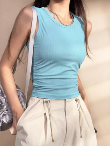 Sleeveless Ribbed Elastic Crimped Tank Top for Running Fitness