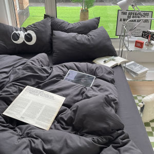 INS Pure Color Washed Cotton Four-Piece Set Minimalist Gray Boy Quilt Cover Bedspread Single Dormitory Bed Three-Piece Set 4