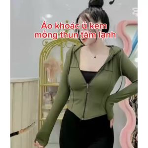 áo khoác thun tăm nữ dây kéo có mũ ôm body vạt bầu tay dài
