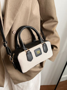 Ladies Canvas Bowling Bag Shoulder Handbag Contrast Color Winter New Style Soft PU Leather Square Shape Fashionable Tote Bag