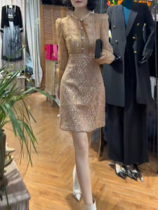 Elegant Lace Maxi Dress for Women High Waist A-Line Skirt Bubble Sleeve Long Sleeve Short Dress Sweet Style Autumn Winter Fashion