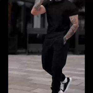 Mens Sporty Casual 2-Piece Set Cotton Short Sleeve T-Shirt & Long Pants Regular Fit Slight Stretch Fabric Breathable All-Season