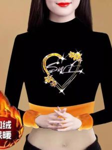 Gold Fleece Lined Long Sleeve Base Shirt Womens Casual Half High Collar Slimming Warm Top Ladys Winter Fashion T-Shirt