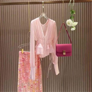 SHUAIYUE | V-Neck Long-Sleeved Thin Fitting Elegant Blush Blouse