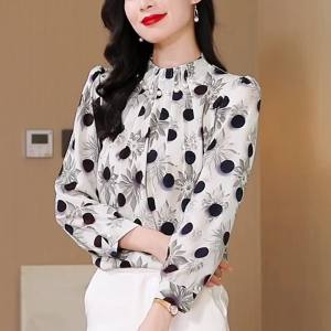 AMMIN 2024 Autumn New Pleated Pearl Studded beaded stand collar Long sleeve chiffon blouse Korean Version Vintage Floral Butterfly Print Commuter Elegant Blouse