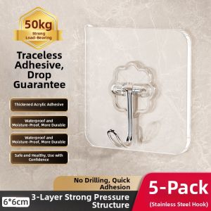 YUHANG | Strong Adhesive Hook No Drilling Heavy Duty Wall Mount Transparent Stainless Steel Hook