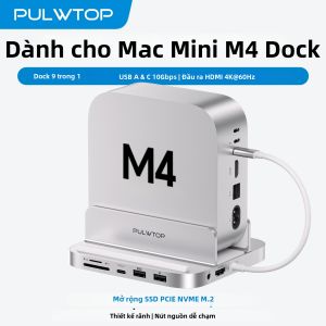 Hub USB-C Nhôm 9 Trong 1 PULWTOP Dành Cho Mac Mini M6/M5 Pro M4/M4 Pro - Giá Đỡ Đứng Với 2 Cổng USB-A 2.0 Đầu Đọc Thẻ Âm Thanh 3.5mm Đầu Đọc Thẻ SD/TF