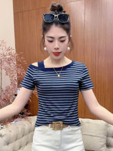 Fashionable Stripe Short Sleeve T-Shirt Womens Summer New Style Small Size Elegant Versatile Age-Defying Top Commute Style