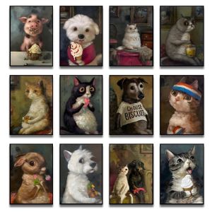 Funny Animals Personify Poster Print Cat Dog Rabbit Hamster Eat Something Canvas Wall Art for Living Room Home Decor Unframed
