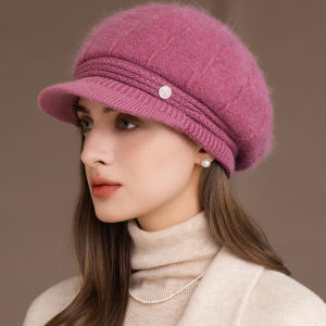 New Women Fashion Winter Hat With Brim Plush Fur Lined Dandy Hats For Women Casual Rabbit Fur Blend Streetwear Knitted Cap