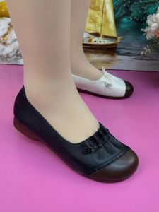Genuine Leather Slip-On Mom Shoes Soft Bottom Casual Flat Footwear Spring 2024 Fashion round Toe Low Heel Daily Wear Womens Footgear