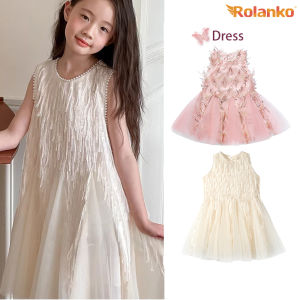 Rolanko Kids Girls Summer White Dress Sleeveless Tassel Dress with Pearl Sequined Princess Mesh Dress with Fishtail Skirt Wedding Party Performance Birthday Gown